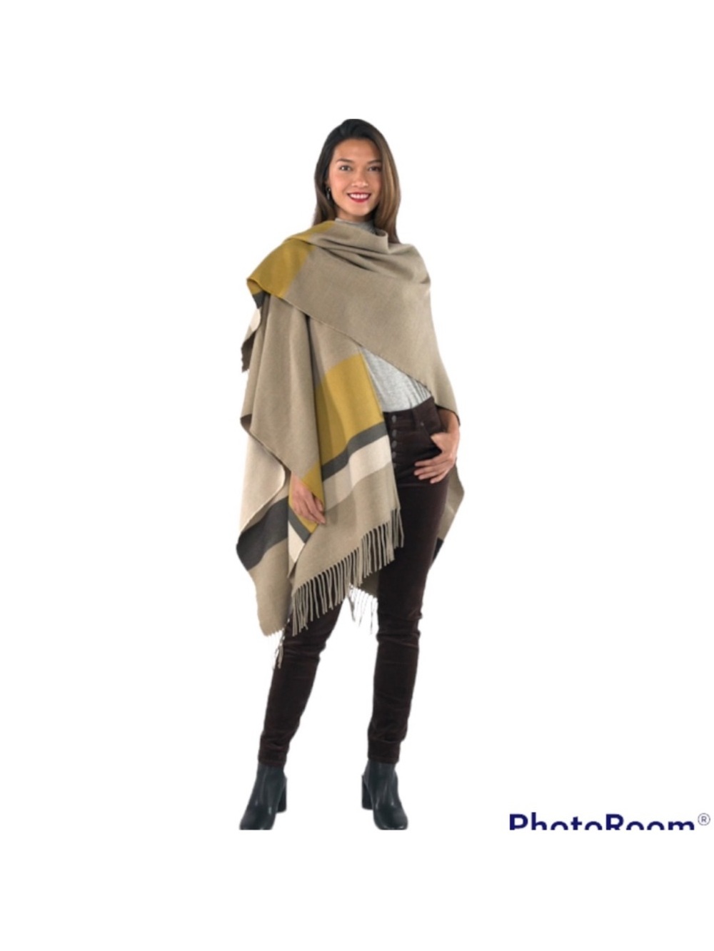 CABI Travel Cape Blanket Fringe Shawl Tan Stripe Women’s XS/Small